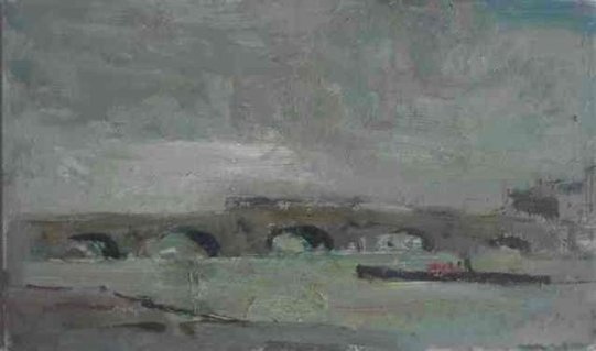 La Seine en crue,le Pont-Neuf. 1970-1979. Huile sur isorel. 41 X 24 cm. Coll. particulire